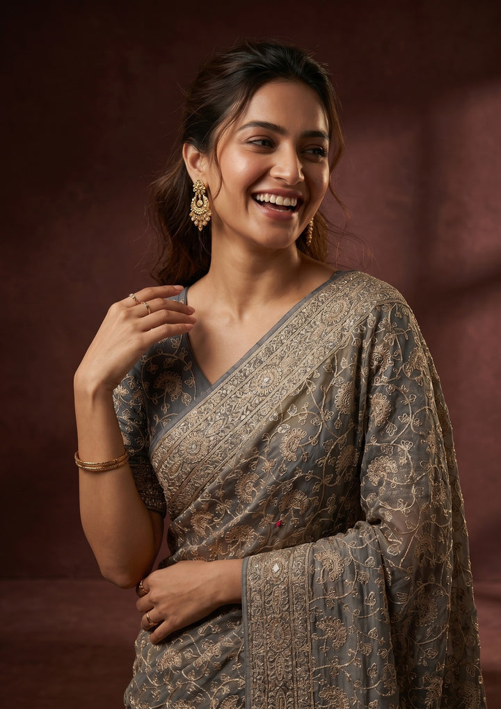 Grey Zariwork (Gold) Tissue Saree