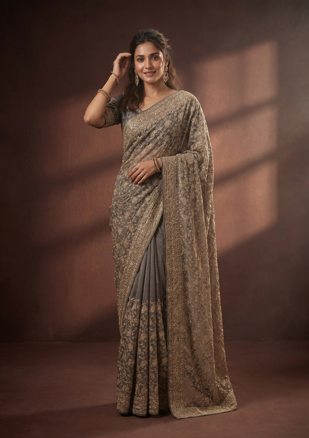 Grey Zariwork (Gold) Tissue Saree