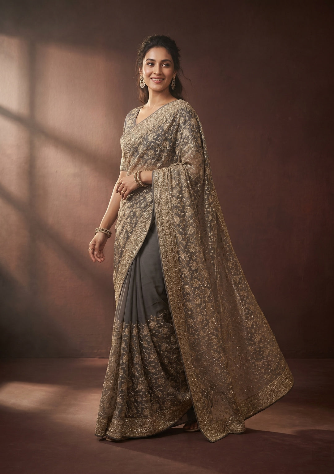 Grey Zariwork (Gold) Tissue Saree