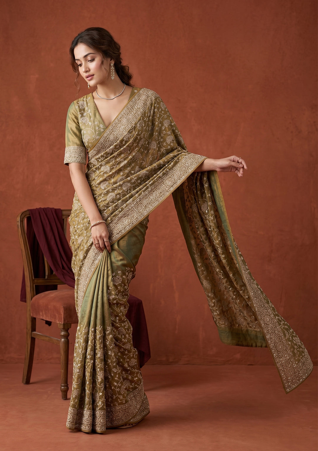 Pista Green Zariwork (Gold) Tissue Saree