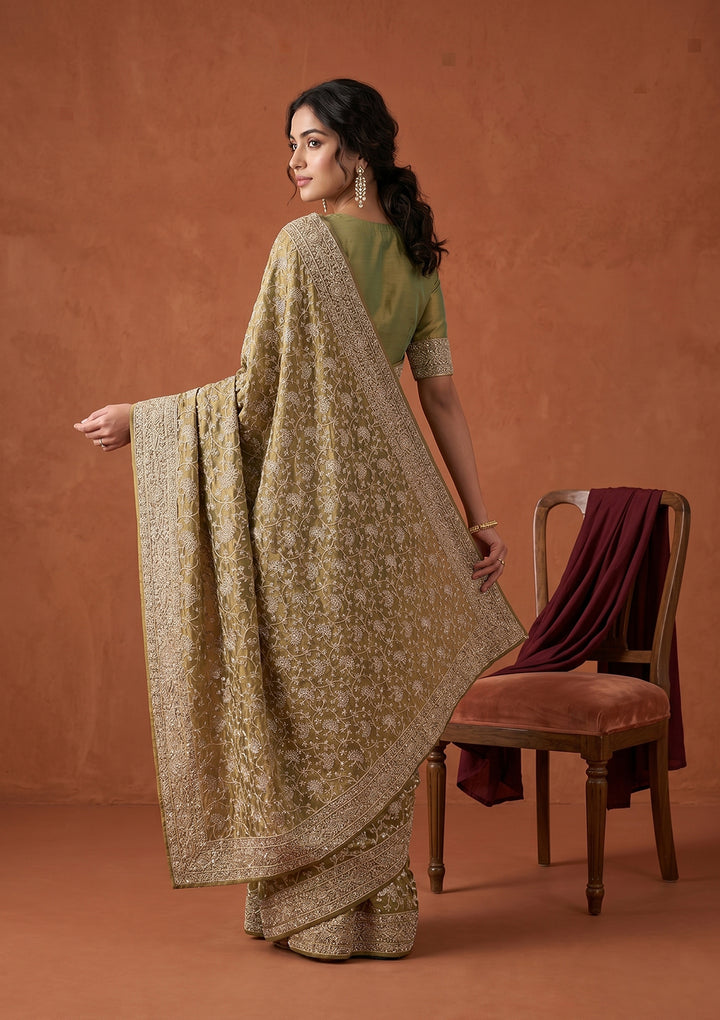 Pista Green Zariwork (Gold) Tissue Saree
