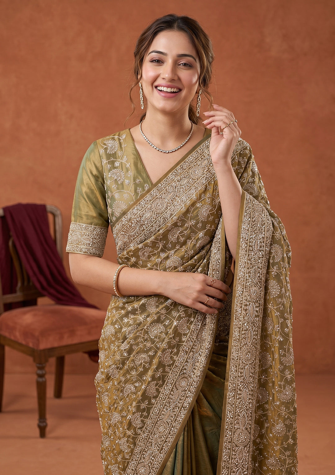 Pista Green Zariwork (Gold) Tissue Saree