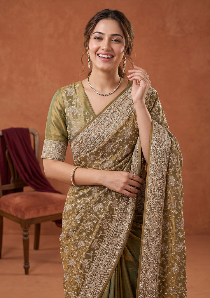 Pista Green Zariwork (Gold) Tissue Saree