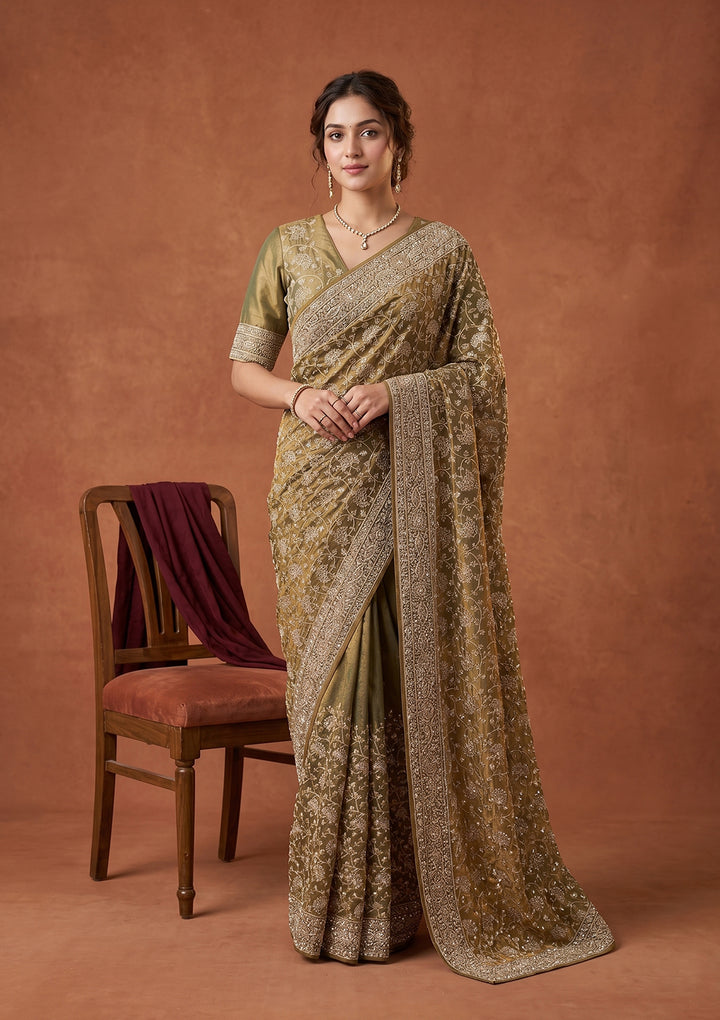 Pista Green Zariwork (Gold) Tissue Saree