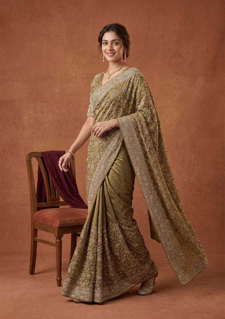Pista Green Zariwork (Gold) Tissue Saree