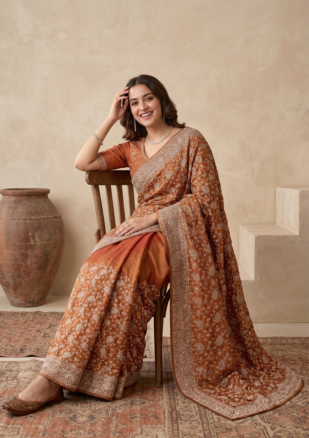 Rust Zariwork (Gold) Tissue Saree