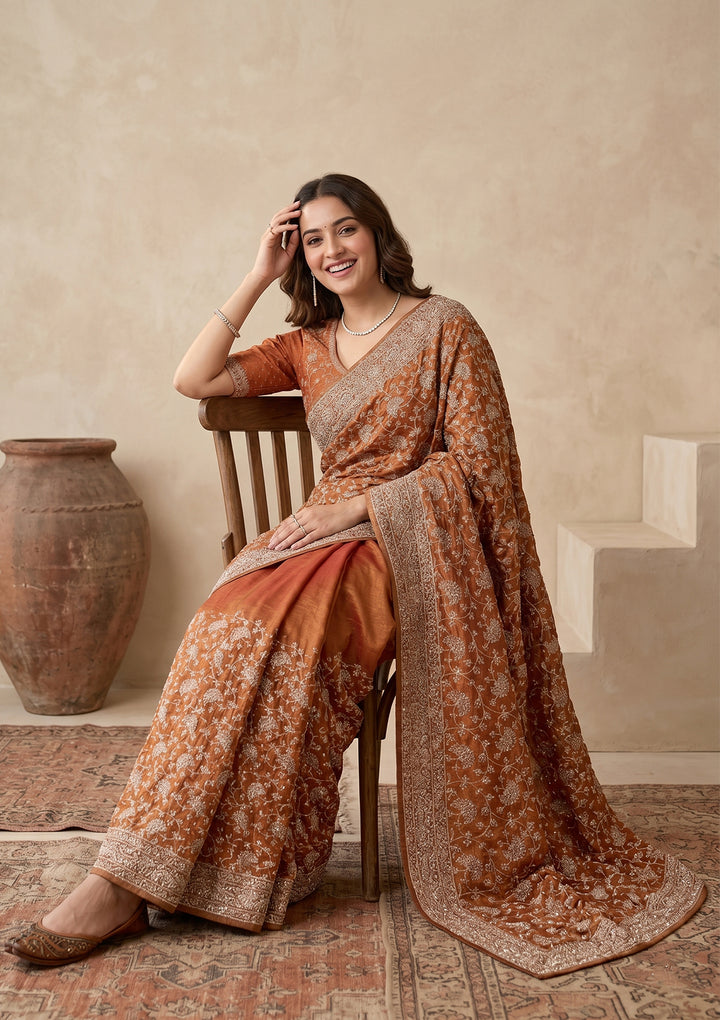 Rust Zariwork (Gold) Tissue Saree