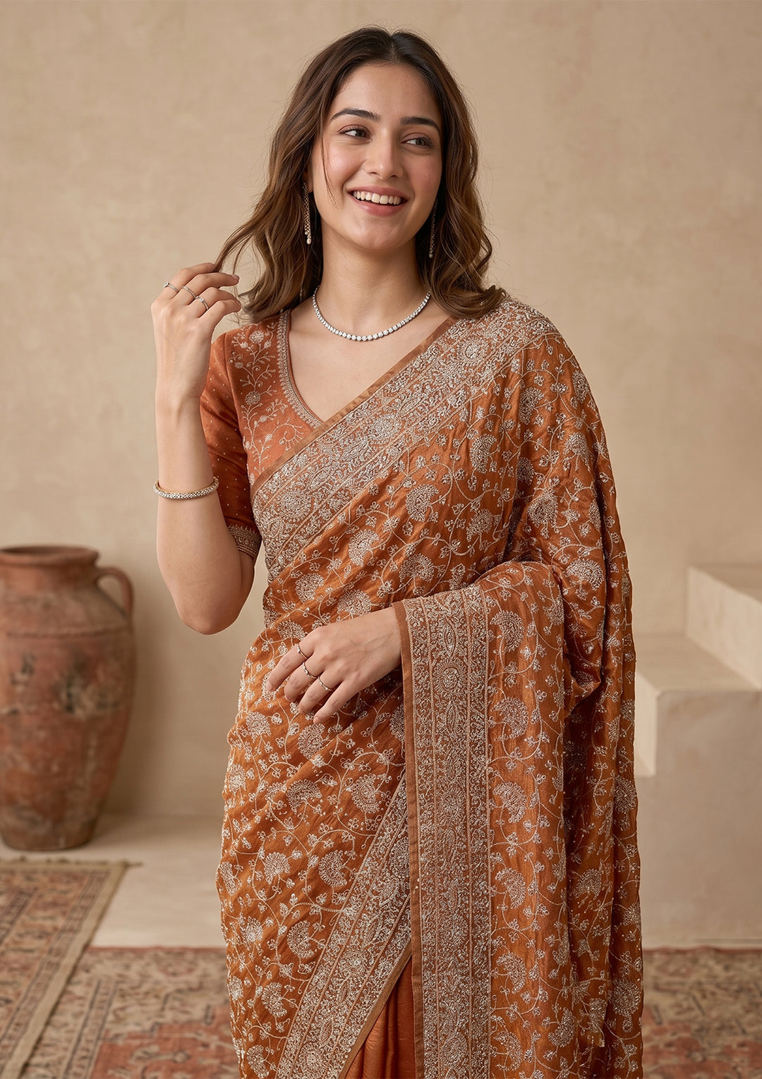 Rust Zariwork (Gold) Tissue Saree