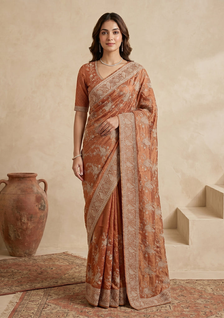 Rust Zariwork (Gold) Tissue Saree