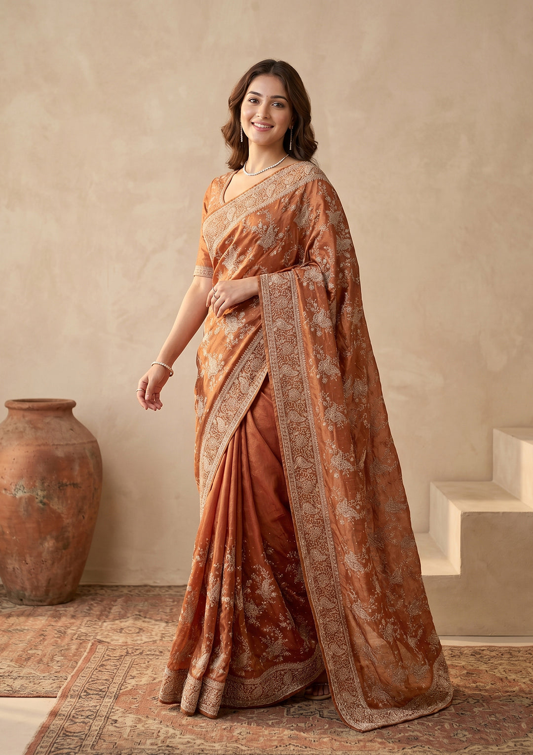 Rust Zariwork (Gold) Tissue Saree