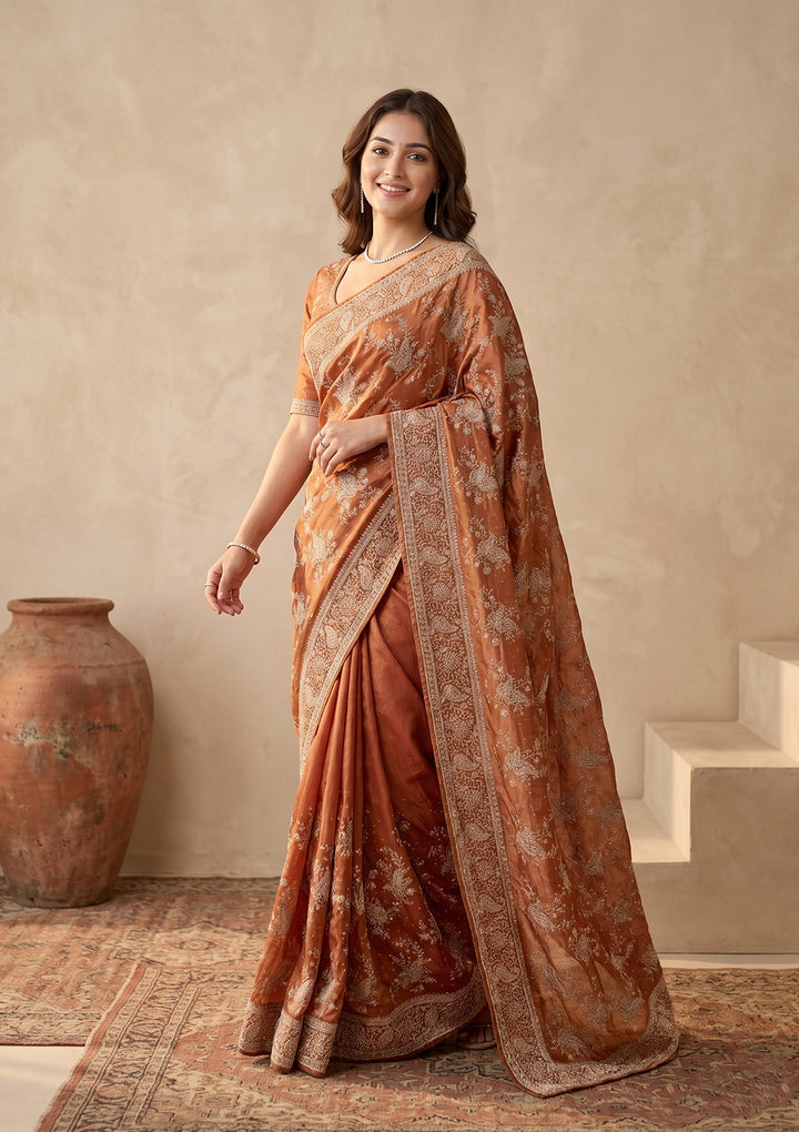 Rust Zariwork (Gold) Tissue Saree