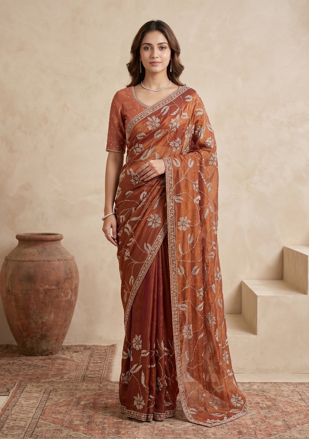 Rust Stonework (Gold) Tissue Saree