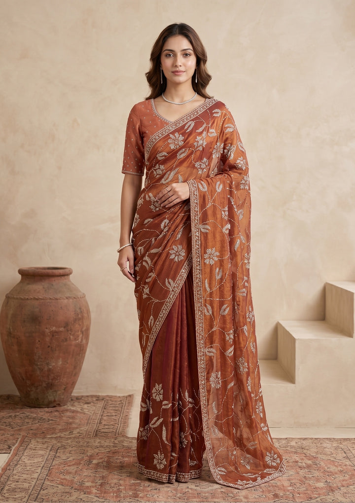 Rust Stonework (Gold) Tissue Saree
