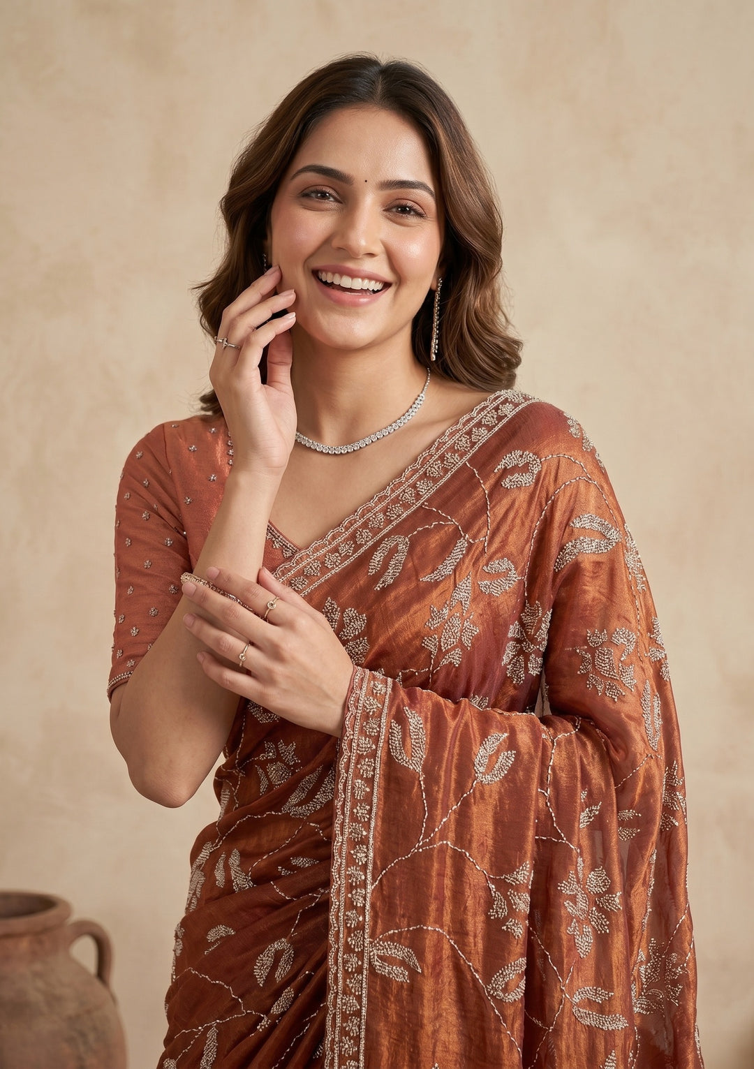 Rust Stonework (Gold) Tissue Saree