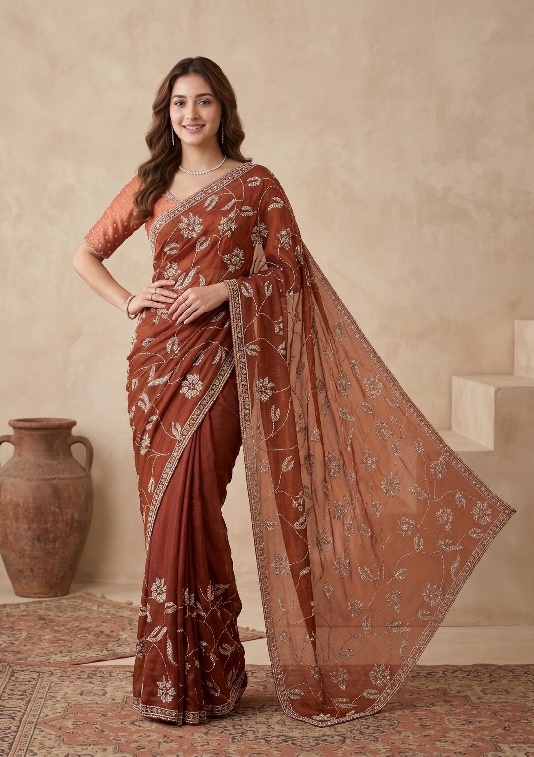 Rust Stonework (Gold) Tissue Saree