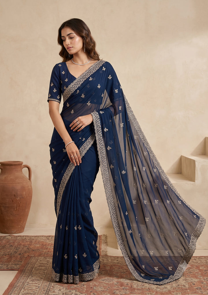 Peacock Blue Zariwork (Gold) Georgette Saree
