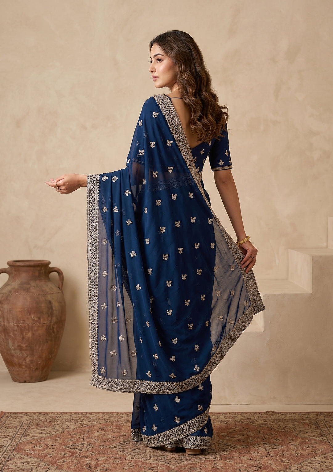 Peacock Blue Zariwork (Gold) Georgette Saree
