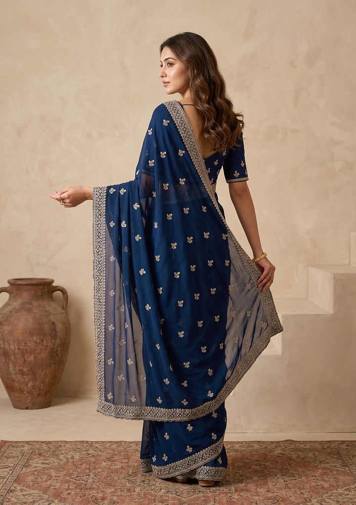 Peacock Blue Zariwork (Gold) Georgette Saree