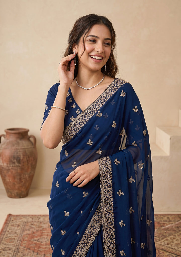 Peacock Blue Zariwork (Gold) Georgette Saree