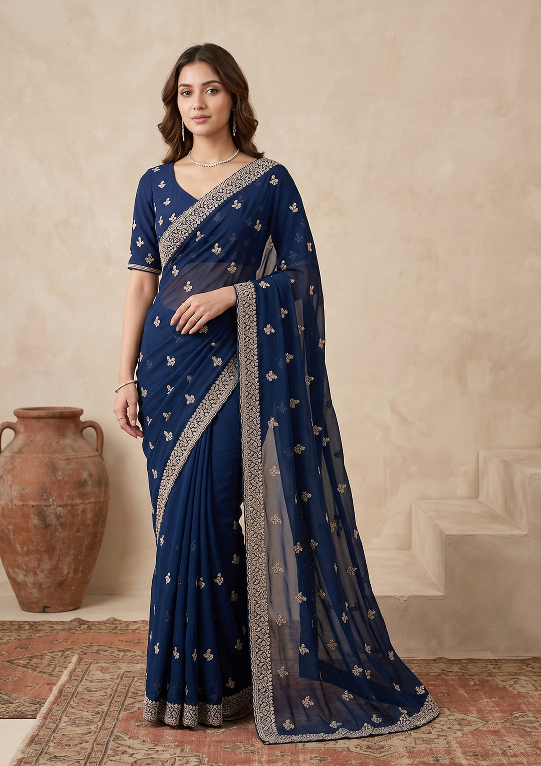 Peacock Blue Zariwork (Gold) Georgette Saree