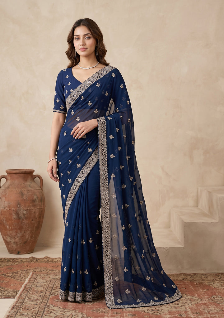 Peacock Blue Zariwork (Gold) Georgette Saree