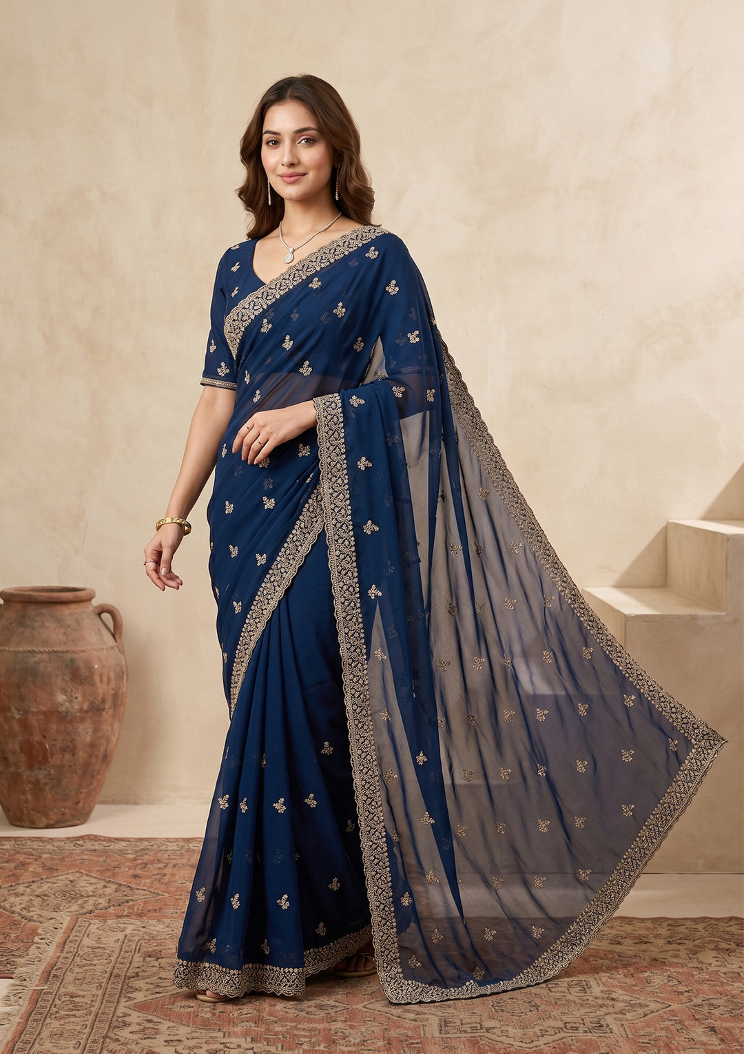 Peacock Blue Zariwork (Gold) Georgette Saree