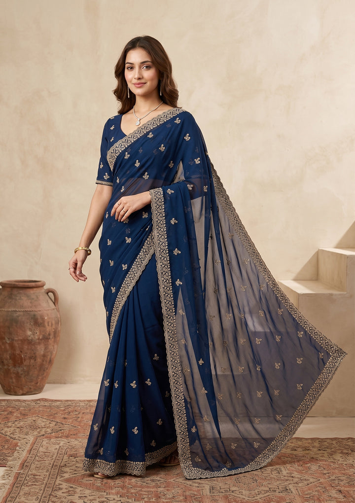 Peacock Blue Zariwork (Gold) Georgette Saree