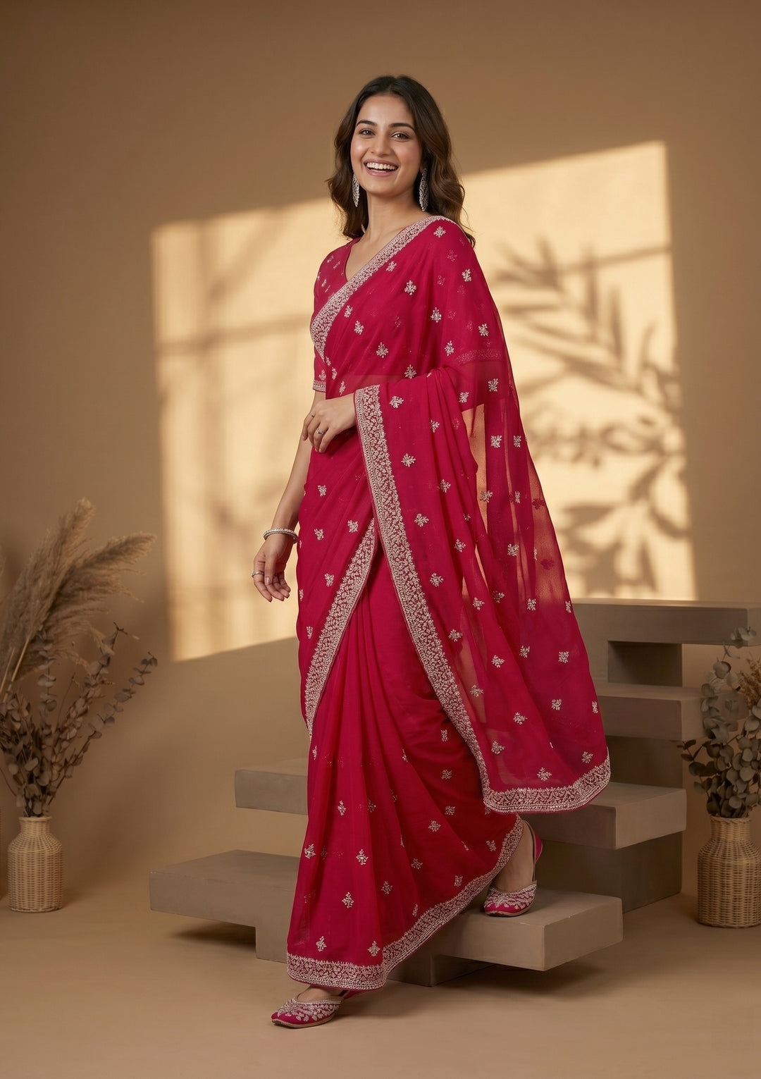 Rani Pink Zariwork (Gold) Georgette Saree