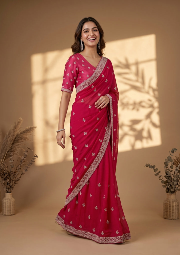 Rani Pink Zariwork (Gold) Georgette Saree