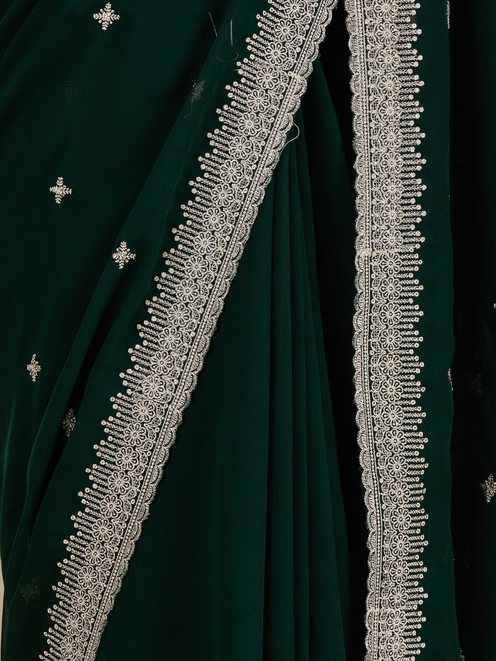 Bottle Green Zariwork (Gold) Georgette Saree