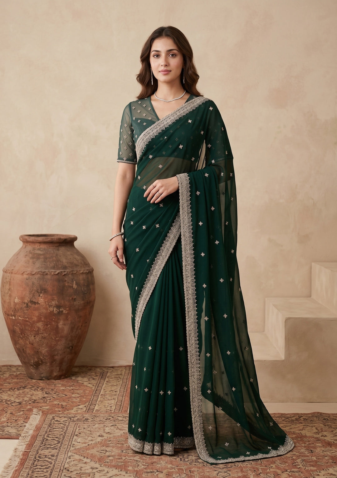 Bottle Green Zariwork (Gold) Georgette Saree