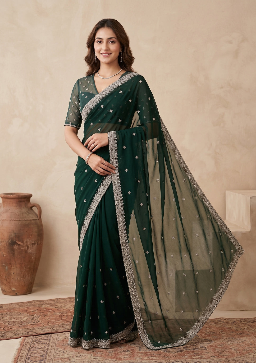 Bottle Green Zariwork (Gold) Georgette Saree