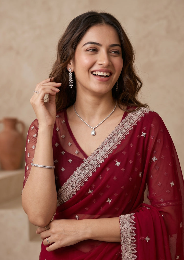 Maroon Zariwork (Gold) Georgette Saree