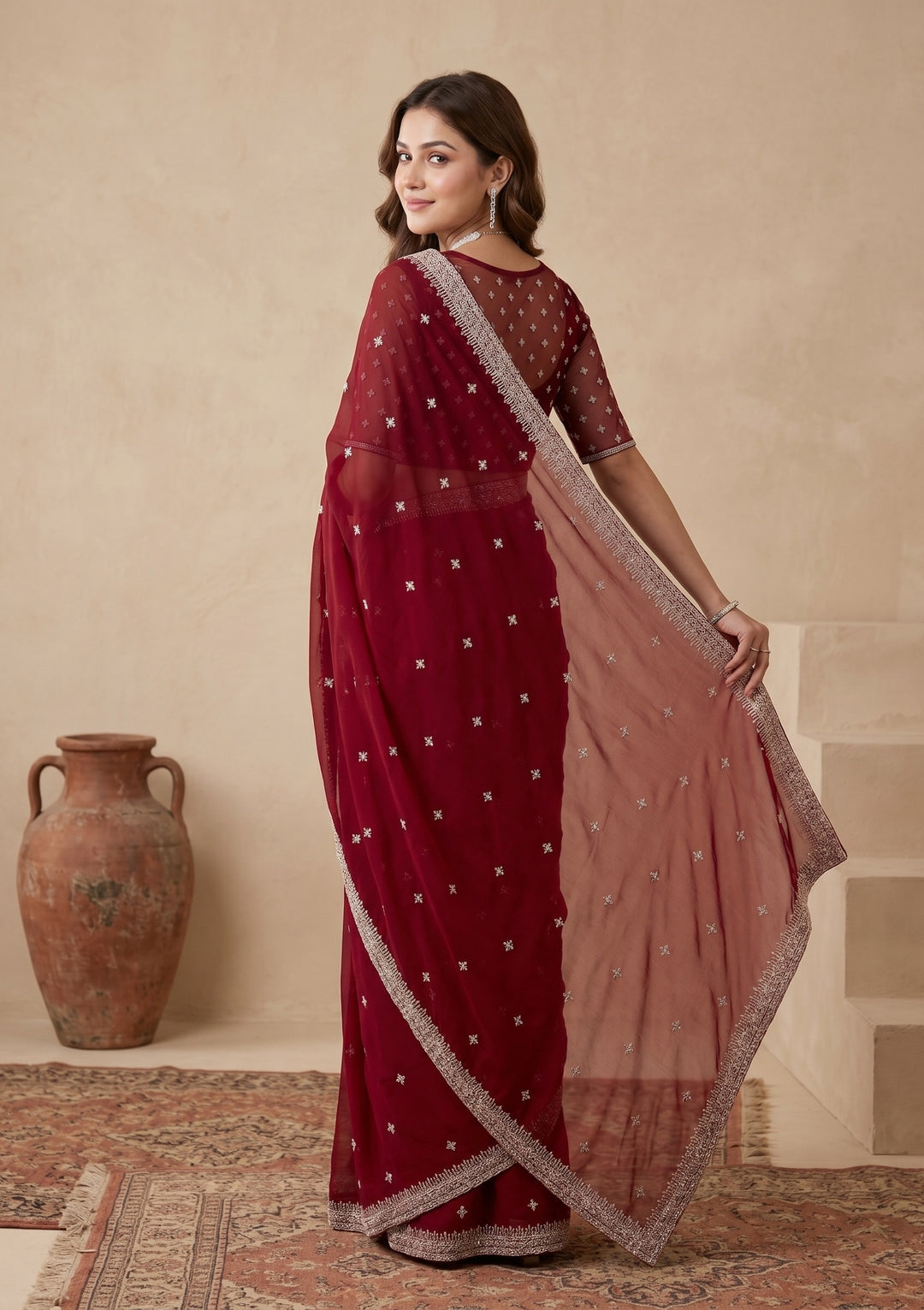 Maroon Zariwork (Gold) Georgette Saree