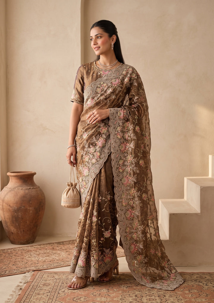 Mehendi Green Threadwork Tissue Saree