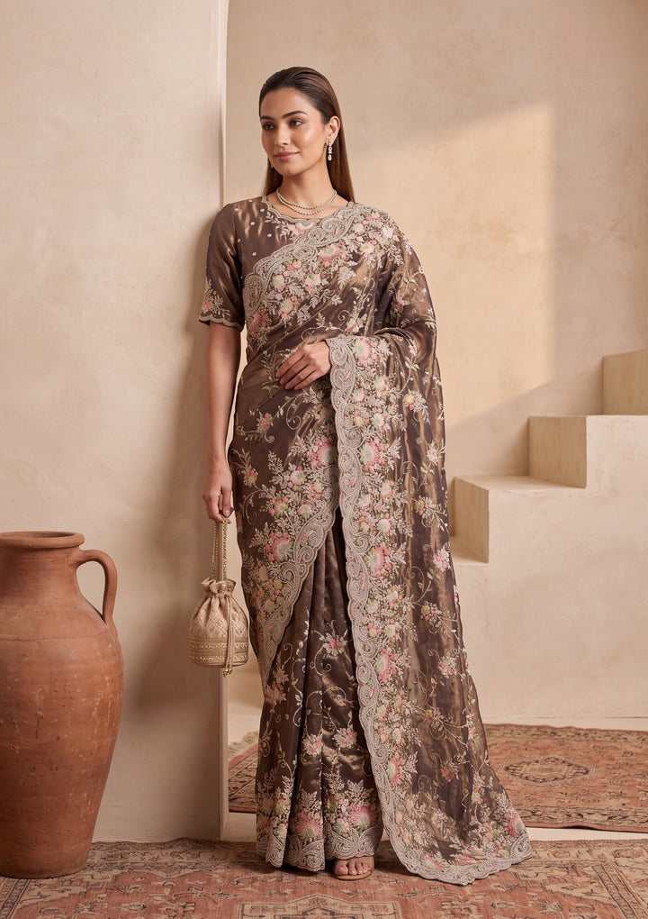Mehendi Green Threadwork Tissue Saree
