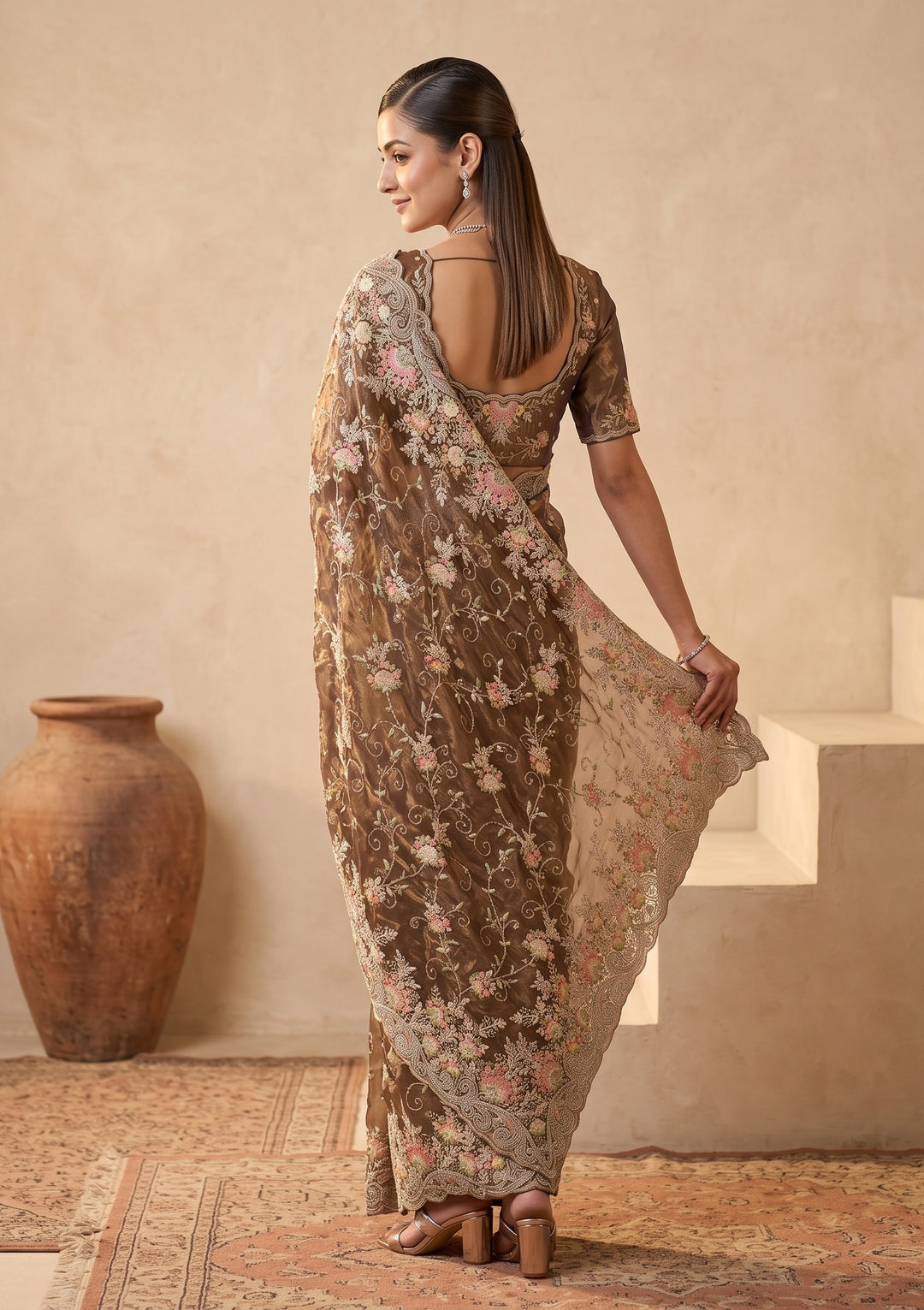 Mehendi Green Threadwork Tissue Saree