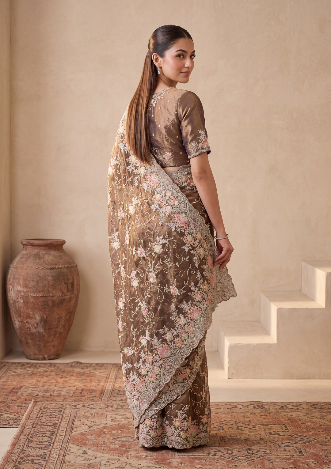 Mehendi Green Threadwork Tissue Saree