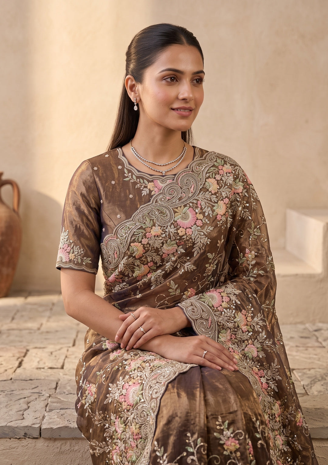 Mehendi Green Threadwork Tissue Saree