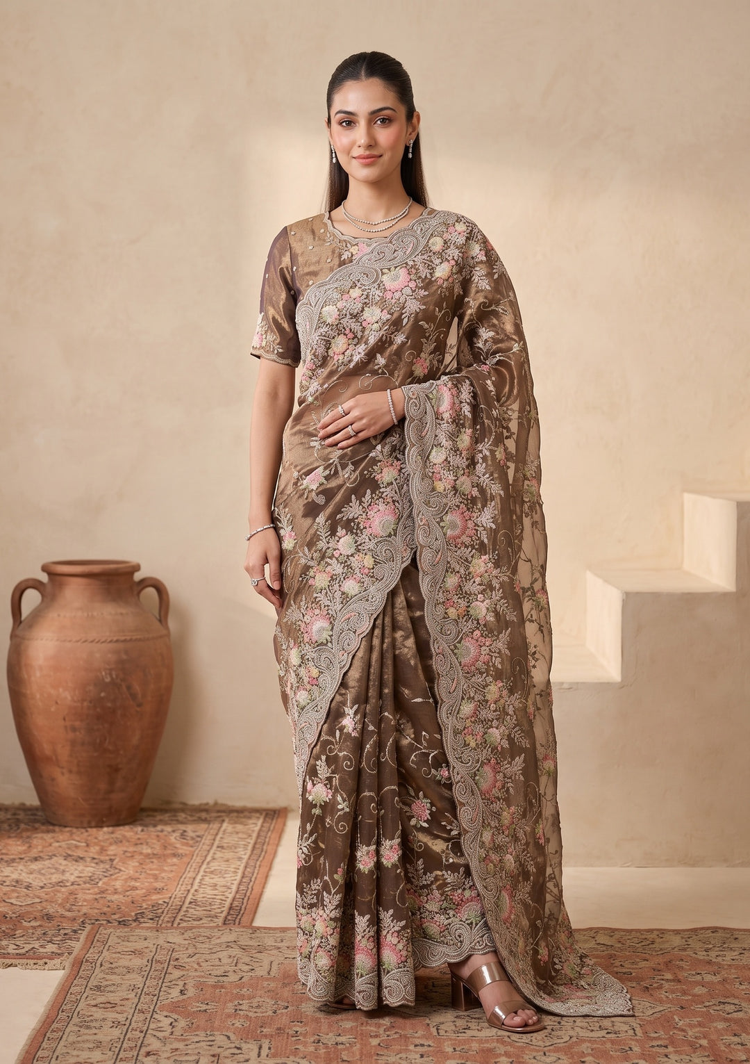 Mehendi Green Threadwork Tissue Saree
