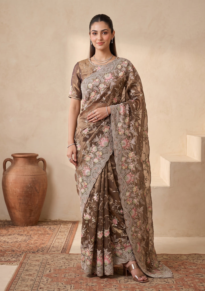 Mehendi Green Threadwork Tissue Saree