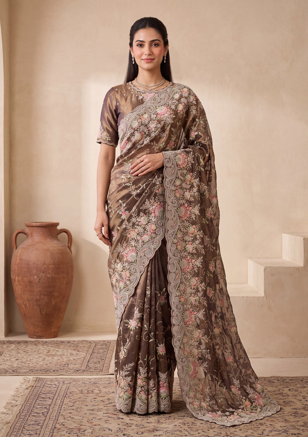 Mehendi Green Threadwork Tissue Saree