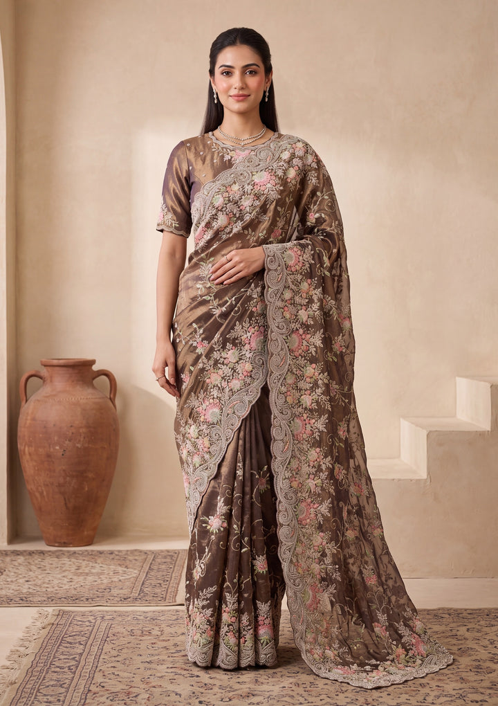 Mehendi Green Threadwork Tissue Saree