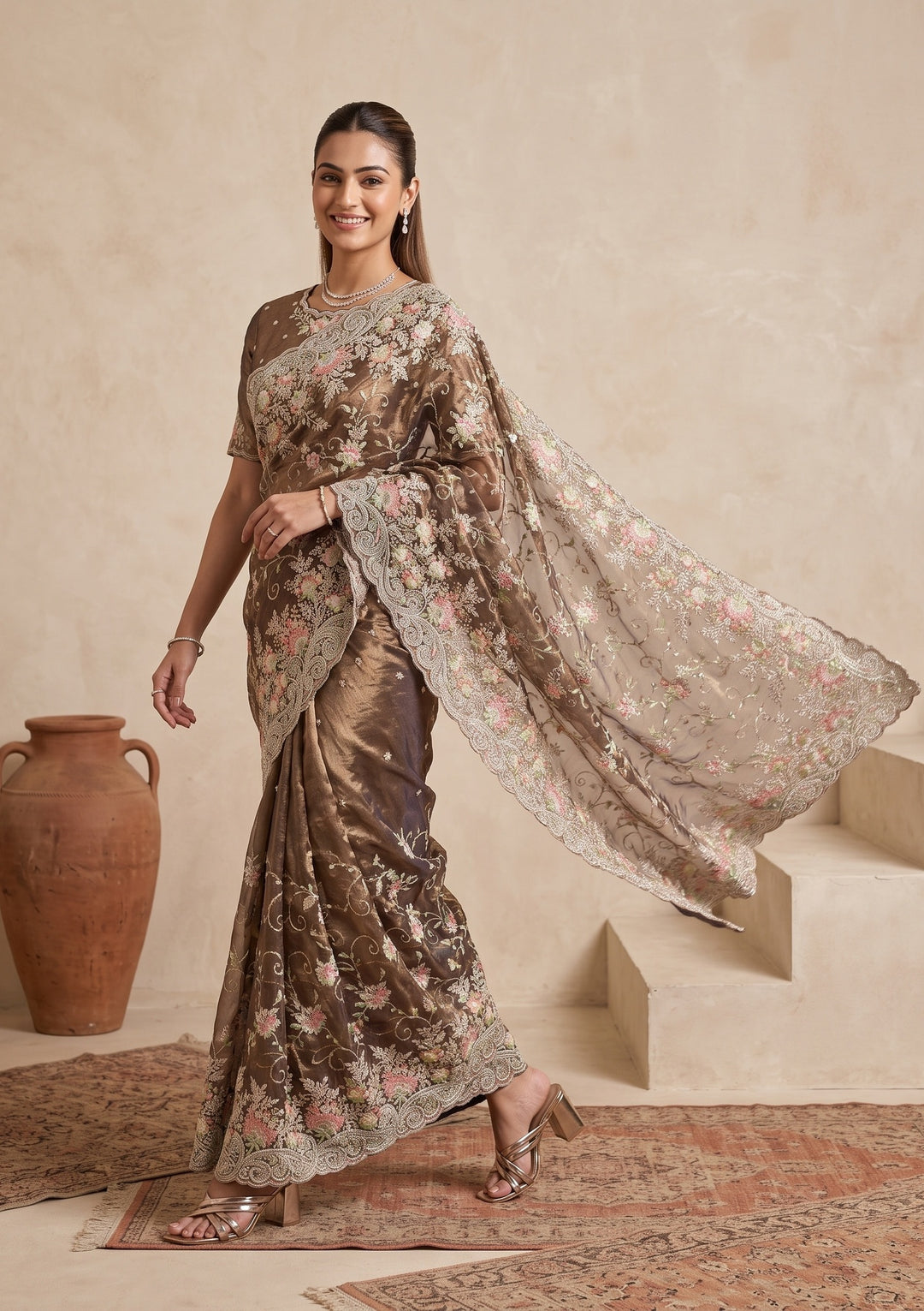 Mehendi Green Threadwork Tissue Saree