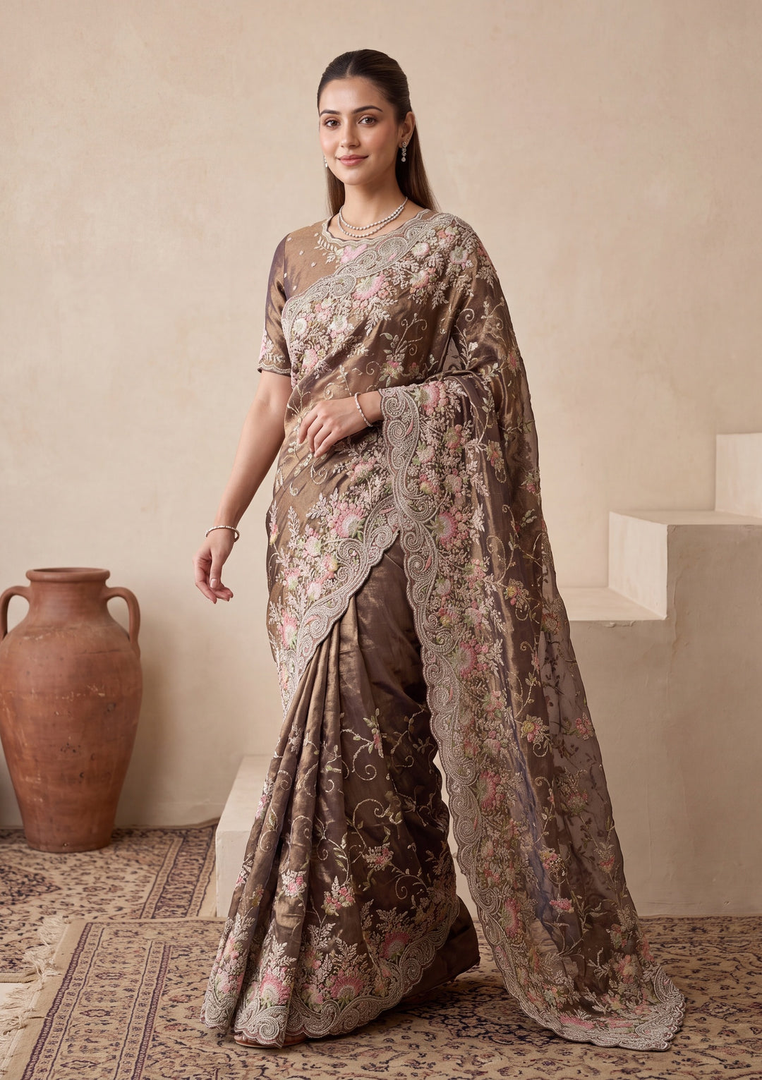 Mehendi Green Threadwork Tissue Saree