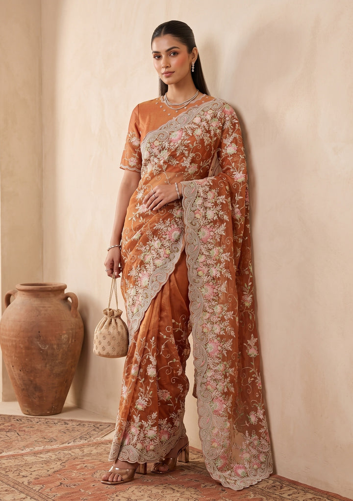 Rust Threadwork Tissue Saree