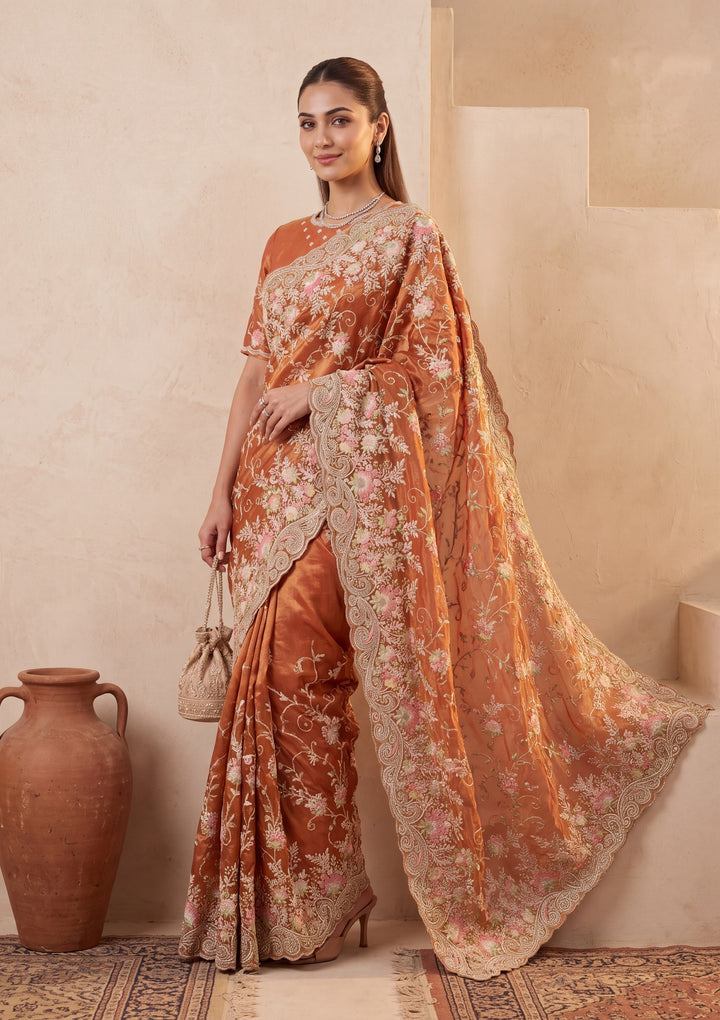 Rust Threadwork Tissue Saree