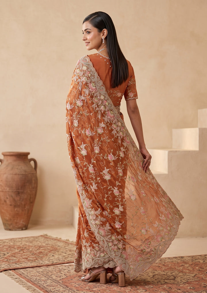 Rust Threadwork Tissue Saree