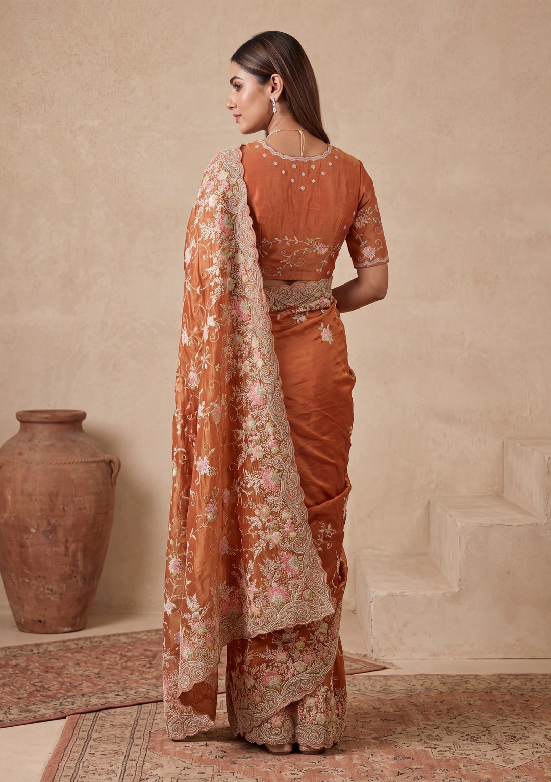 Rust Threadwork Tissue Saree