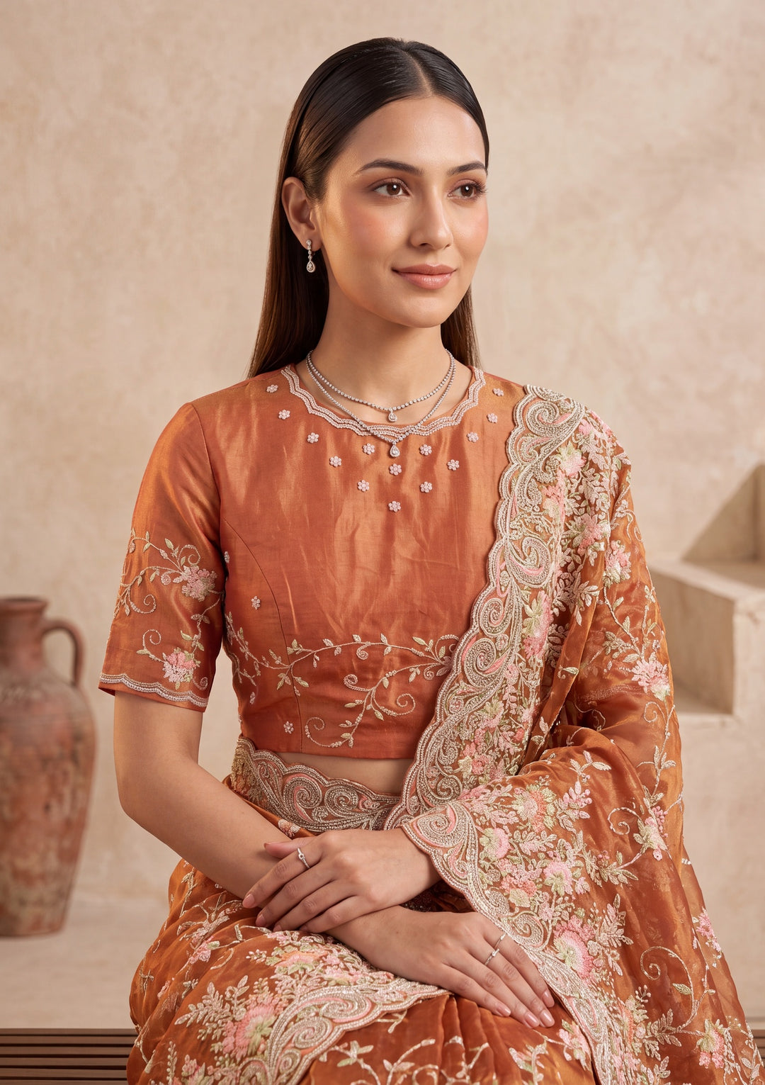 Rust Threadwork Tissue Saree